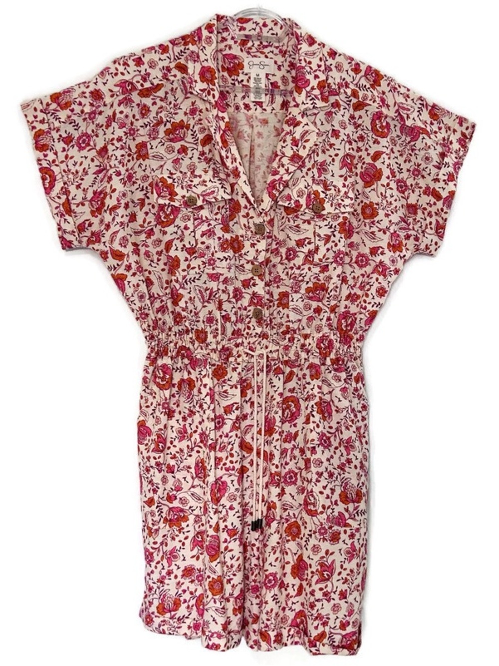 Jessica Simpson Linen Floral Romper Boho Fest Short Sleeve Tie Waist Pockets M
